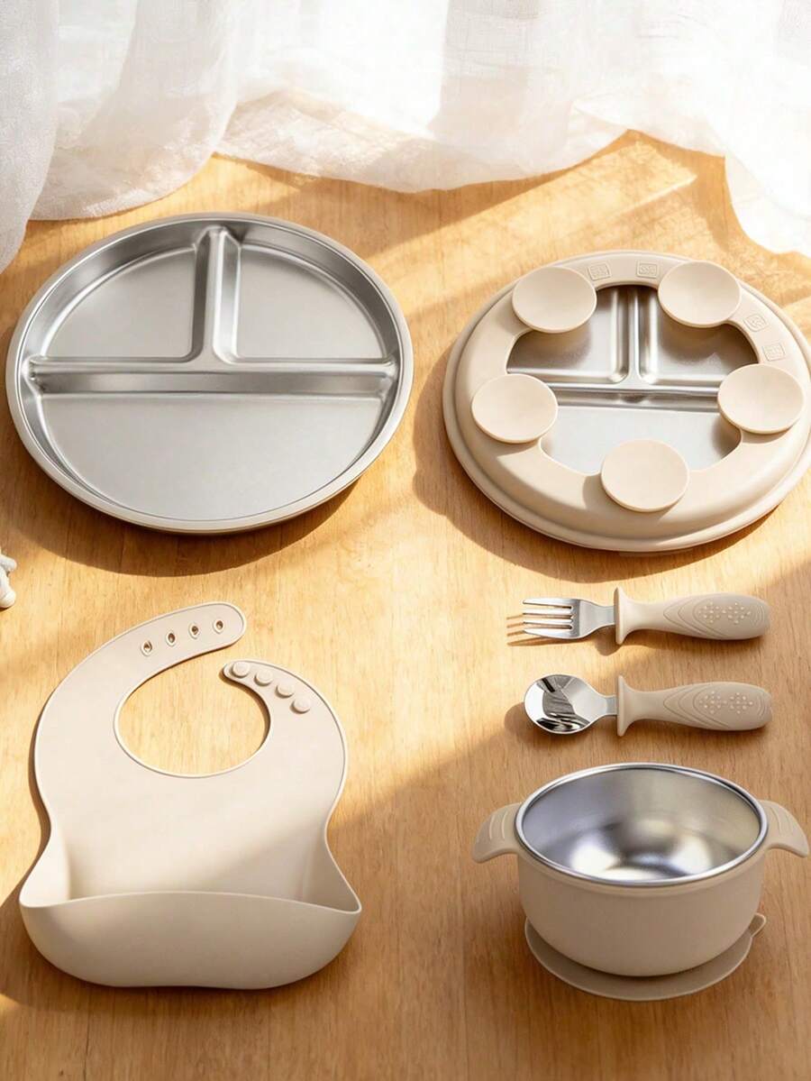 5pcs/4pcs Stainless Steel Tableware Set, Baby Feeding Utensils, Weaning Tools, Bibs, Stainless Steel Plates, Stainless Steel Bowls, Stainless Steel Forks & Spoons - Multicolor - View 1