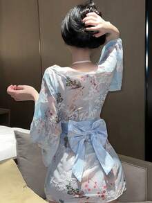 1pc Japanese Style Sakura Geisha Sexy Innocent Bow Kimono Costume Set, Suitable For Cosplay, Parties, Performances, Photoshoots - Includes Dress + Sash Only Spring - Multicolor - View 7