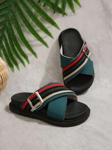 Kids Green Striped Webbing Sandals, Unisex Children's Summer Cross-Strap Adjustable Buckle Strap Slides, Princess Style Hook And Loop Non-Slip Soft Bottom Beach Shoes - Army Green - View 2
