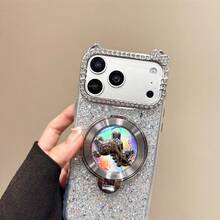 Silver/White Glitter Rotating Horse Phone Holder Case With Rhinestone Ring Grip, Full Coverage Lens Protection Luxury Soft Phone Case, Compatible With IPhone 17/16/15/14/13 Pro Max - Multicolor - View 10