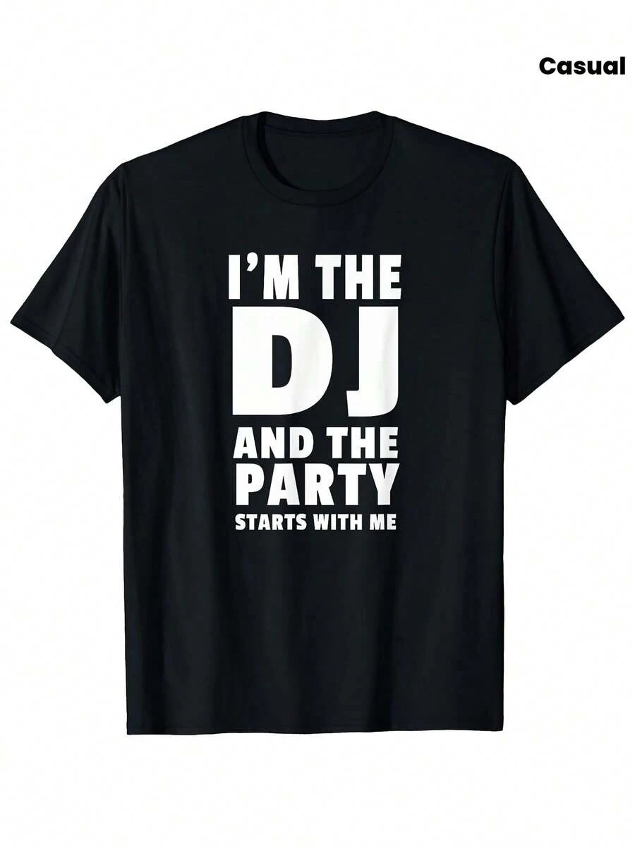 Camiseta de DJ para hombre de 180 g, 100% algodón - "I'm The DJ & The Party Starts with Me" con logotipo de DJ y diseño de tocadiscos en blanco, cuello redondo negro, corte casual, para todas las estaciones, ideal para entusiastas de DJ, fiestas, gimnasio y actividades al aire libre, camiseta para hombre, camisetas navideñas, camisetas para hombre, camisetas divertidas para hombre, camiseta navideña para hombre, camisetas para hombre, camiseta gráfica para hombre, camisetas de manga corta para hombre, tops para hombre, camiseta de jersey, camisetas casuales para hombre, camisetas navideñas para hombre, camiseta retro. - Negro - Ver 1
