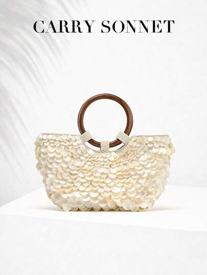 Túi xách nữ đính sequin hình vỏ sò, quai tròn bằng gỗ, thích hợp cho đi biển, dự tiệc, làm quà tặng.