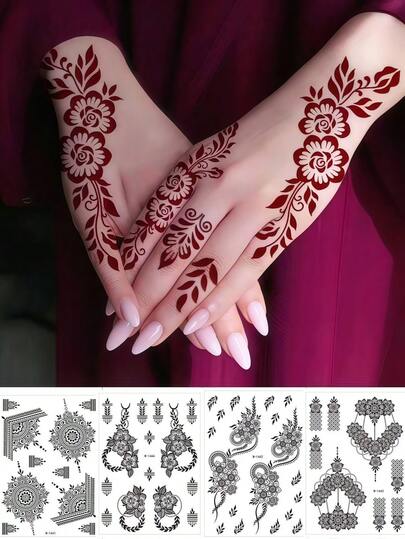4 hình xăm tạm thời henna màu nâu, hình xăm tay không thấm nước, thích hợp để trang trí lễ Eid, hình dán Mandala, họa tiết Mehndi, hình dán Ramadan màu đỏ quyến rũ, thích hợp cho đám cưới, lễ hội, tiệc tùng, Ngày Valentine.