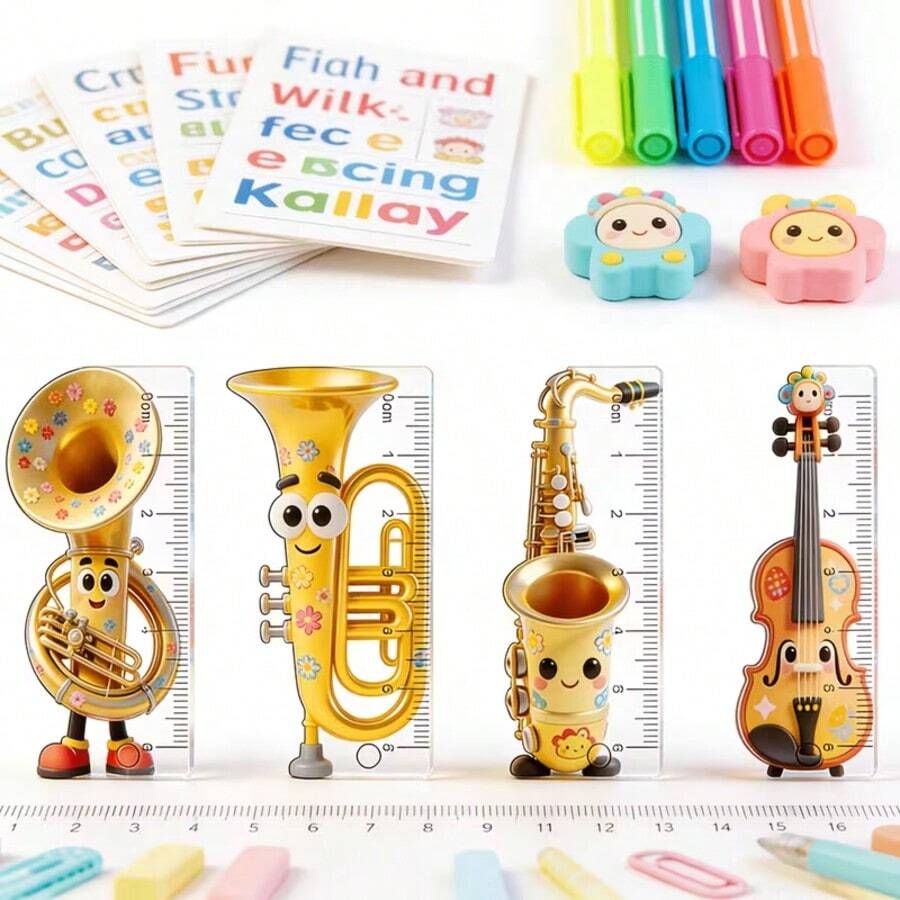 一套仪器造型尺，配有串珠链，透明便携式口袋尺/掌尺，可爱卡通文具，可挂在背包或铅笔盒上，非常方便的测量工具，返校礼物，完美的学习用品礼物 - 樂曲 - 查看 1