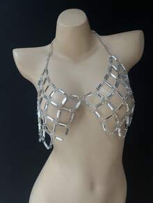 ZHENGHEN Rhinestone Embellished Silver Rectangular Harness Body Chain, Shimmering Mesh Crystal Festival Party Body Jewelry Top - Silver - View 8