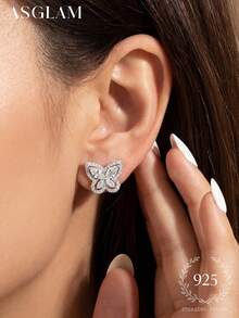 1 paire de boucles d'oreilles cloutées papillon creux en zircone, bijoux en argent sterling 925, boucles d'oreilles délicates, beaux bijoux, cadeau pour les filles, décoration pour les sorties quotidiennes, accessoires pour le bal - Papillon - Voir 5