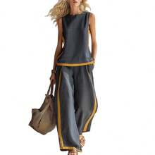 2026 New Sleeveless Contrasting Color Wide-Leg Pants Set Women's Summer Casual Fashion Two-Piece Set - Green - View 5