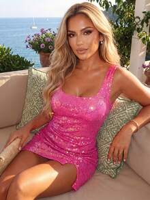 Women Slip Dress, Sleeveless Sparkle Slim Fit Slit Summer Mini Dress for Club Party - Rosa - Ver 4