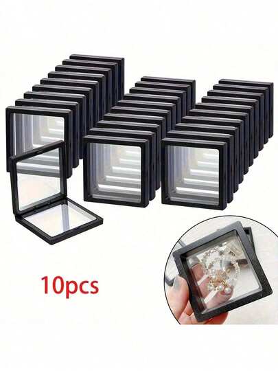 10pcs Elegant Black 3D Floating Display Boxes With Elastic Membrane - Dust-Proof Plastic Jewelry Storage Boxes, Suitable For Necklaces, Bracelets, Rings, Coins, Earrings, Pins - Great For Retail And Personal Use