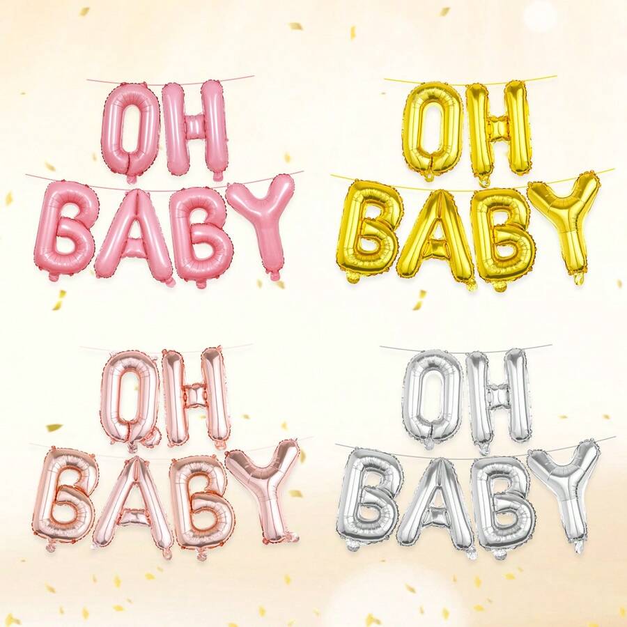 6pcs Oh Baby Balloon Banner Set, Gold, Silver, Rose Gold, Pink, Suitable For Baby Shower Party Photo Props, Photography Backdrop, Gender Reveal Party Decor, Birthday, Cake Table Decor, Baby Room Decoration, Party Supplies - Multicolor - View 1