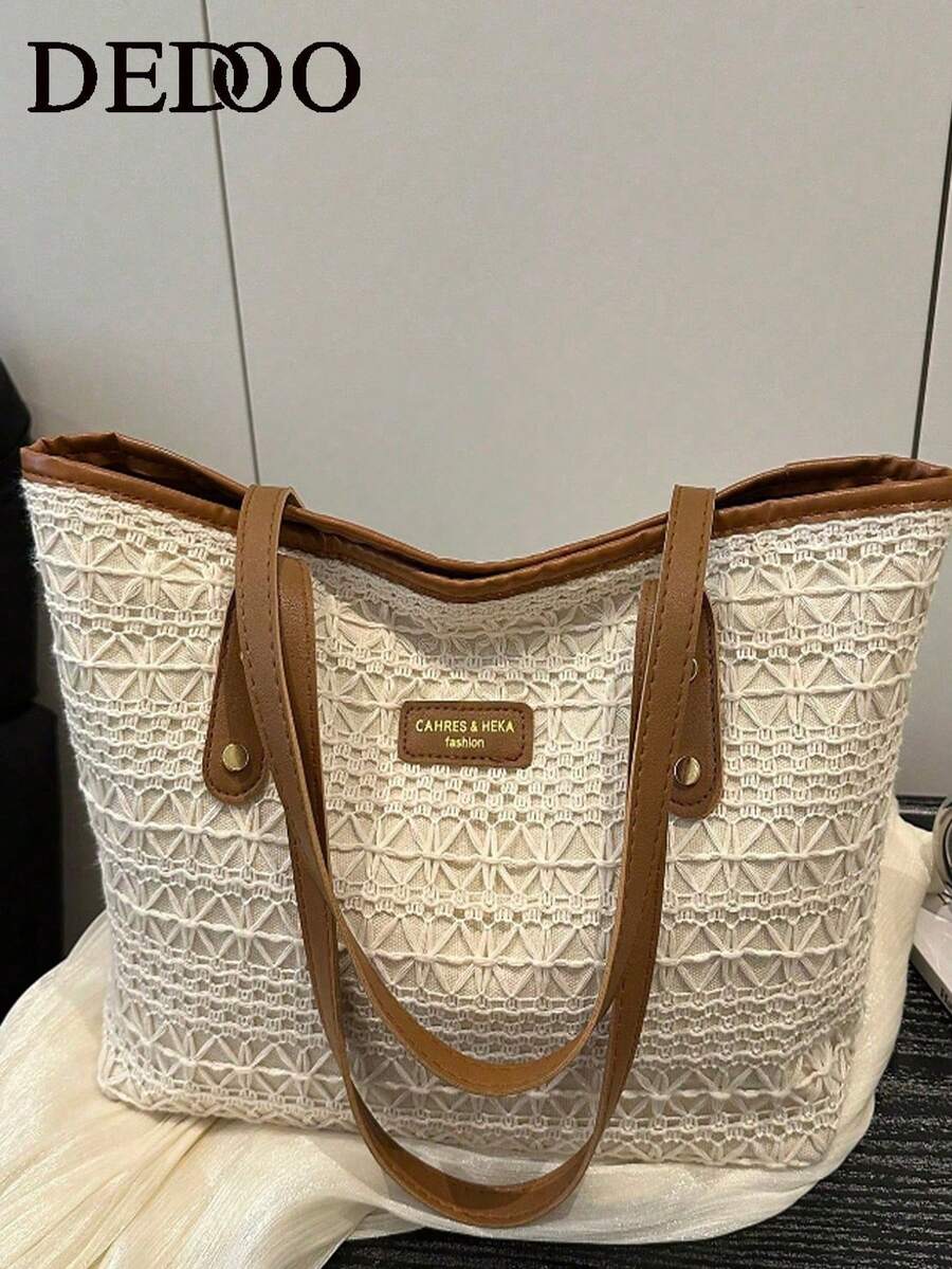 Dedoo Bolsos de mujer de gran capacidad con estilo campus europeo-americano, bolsos de hombro, bolsos cruzados para el verano, bolsos de compras de bloques de color de moda para la playa, las compras, las salidas casuales - Marrón - Ver 1