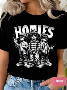 Women's Homies Cartoon Characters Print Round Neck Short Sleeve T-Shirt For Casual Wear And Street Style Comfortable Fabric Suitable For Gifting 220g - màu đen - Xem 1