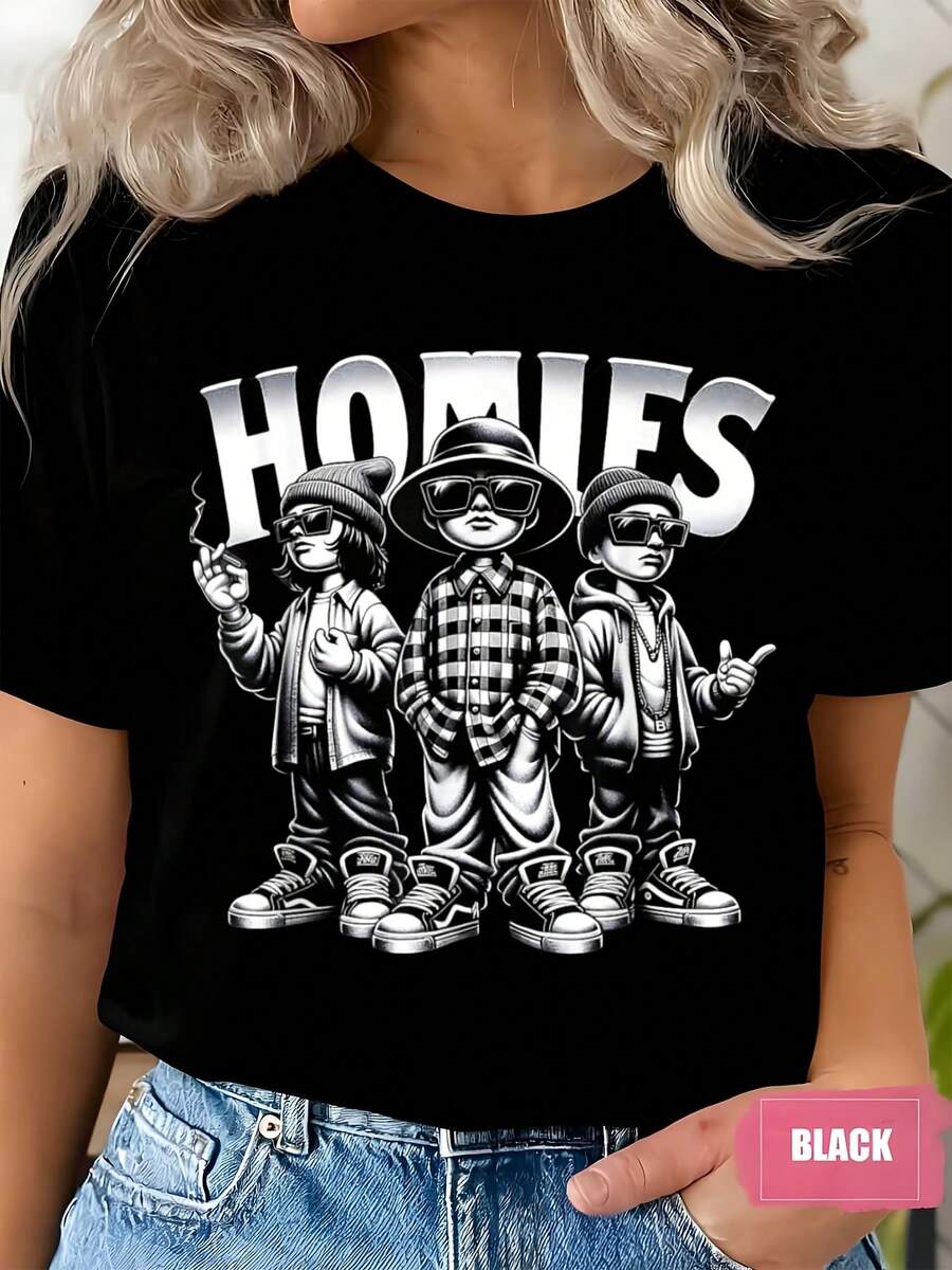 Women's Homies Cartoon Characters Print Round Neck Short Sleeve T-Shirt For Casual Wear And Street Style Comfortable Fabric Suitable For Gifting 220g - màu đen - Xem 1