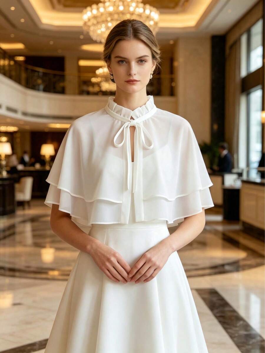 New White Double-Layer Chiffon Shawl, Wedding Bridal Gown Outerwear, Stand Collar Ruffle Trim Bow Tie Short Cape, Bridesmaid Evening Dress Wrap, Lightweight Breathable Sun Protection Shawl For Summer Wedding, Party, Photo Shoot, Versatile For Various Occasions Like Wedding, Banquet, Party, Cosplay, Theme Events - White - View 1