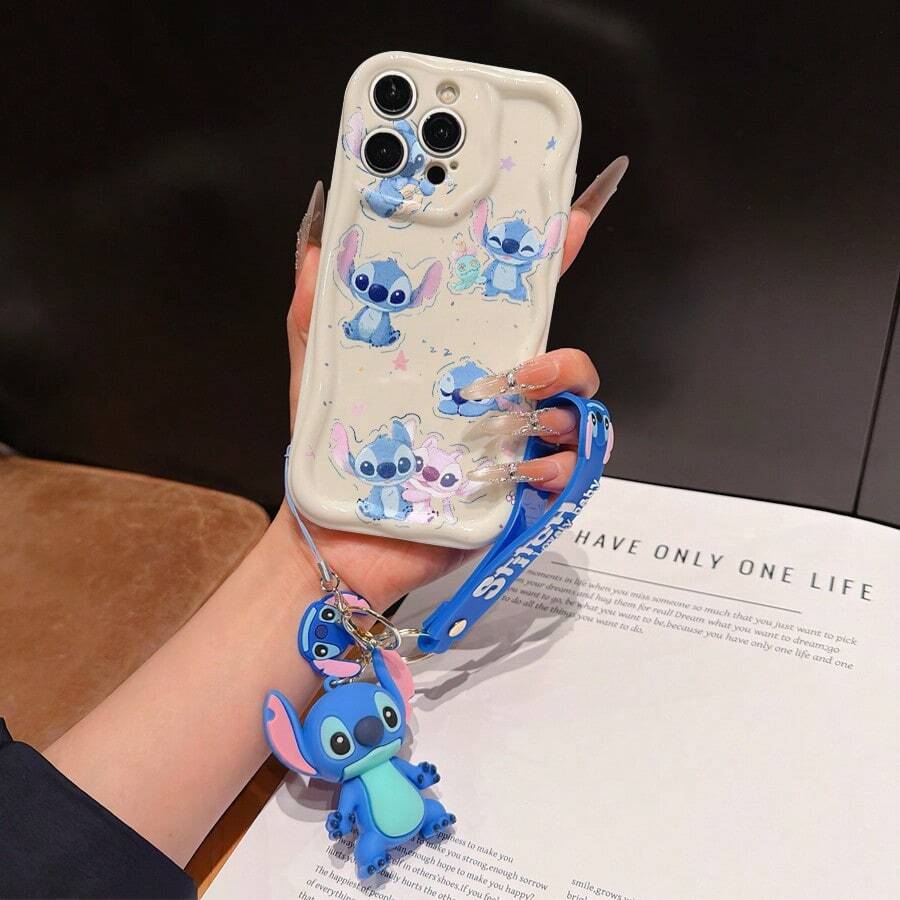 Disney Has Authorized, Phone Case - Chain Set, The Stitch Lilo & Stitch Phone Case Plus A Silicone 3D Or Fluffy Style Stitch Bracelet With Metallic Ring Removable Bracelet, Stitch And Angel Pattern, Compatible With Iphone 17/16/15/14/13/12/11/XS/XR/X Plus Pro Max, Wavy Design Phone Case For Girl, A Stylish Cartoon Summer Phone Case, The Perfect Gift Choice, Phone Protection, Durable Phone Cover, Great Gift For Friends And Family - 白色款式A - 查看 1