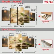 5 piezas de póster enmarcado, pintura en lienzo de orquídea zen y piedra, decoración enmarcada de madera para relajación, regalo del Día de la Madre, adecuado para la sala de estar, el estudio de yoga, el spa, el baño - perfecto para el rincón de meditación y los regalos festivos, decoración del hogar zen - Multicolor - Ver 7