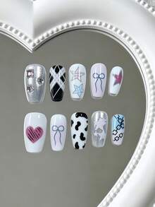10 pièces d'embouts d'ongles de longueur moyenne, tons mixtes blanc, violet, bleu Y2K, décorés à la main d'étoiles, nœuds, imprimés vache et carreaux, avec feuille d'argent et strass, style doux et épicé Y2K, convient aux filles, pour le campus, les occasions décontractées et personnalisées, livré avec 1 gel de gelée et 1 lime à ongles - Multicolore - Voir 1