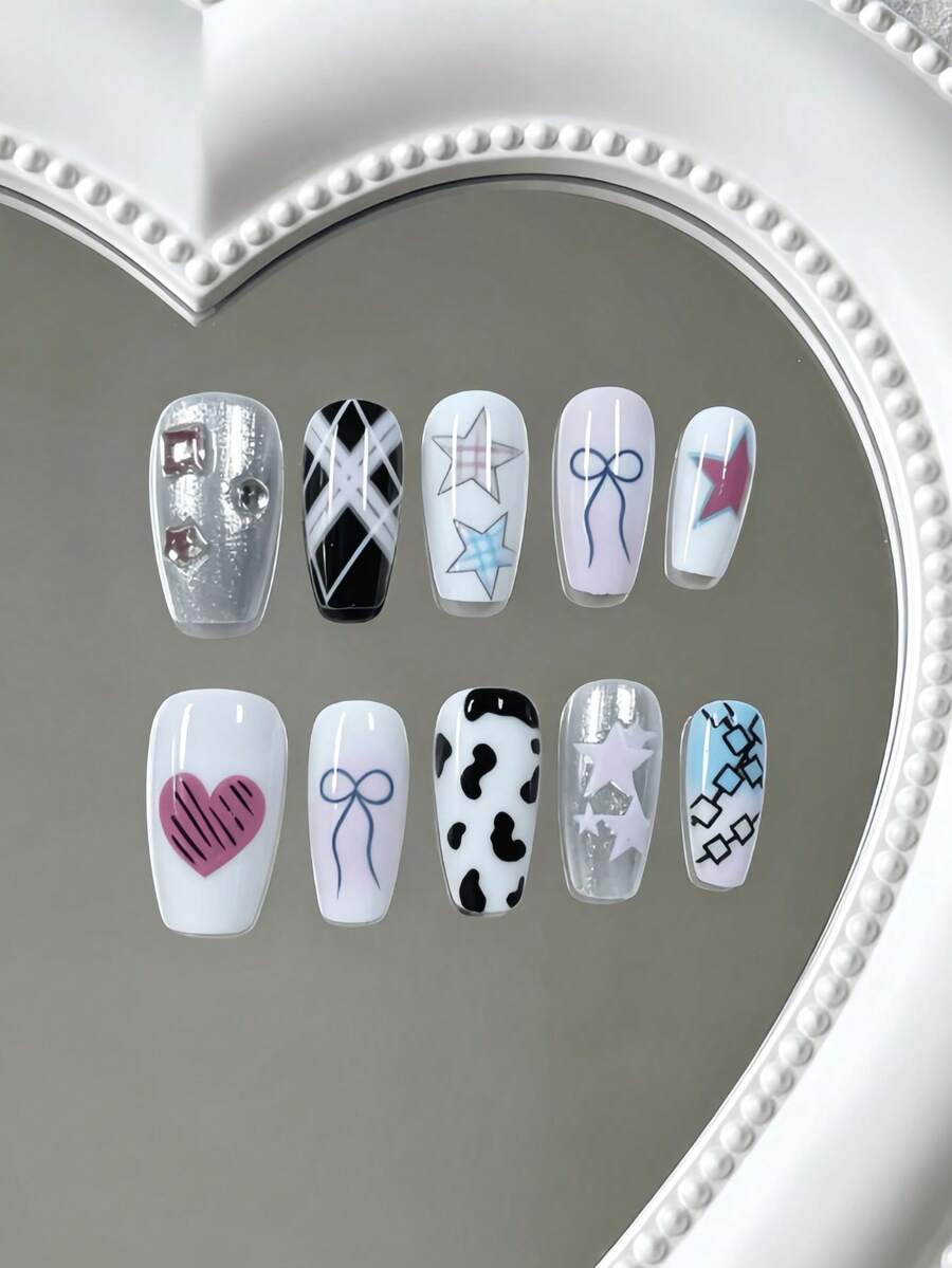10 pièces d'embouts d'ongles de longueur moyenne, tons mixtes blanc, violet, bleu Y2K, décorés à la main d'étoiles, nœuds, imprimés vache et carreaux, avec feuille d'argent et strass, style doux et épicé Y2K, convient aux filles, pour le campus, les occasions décontractées et personnalisées, livré avec 1 gel de gelée et 1 lime à ongles - Multicolore - Voir 1