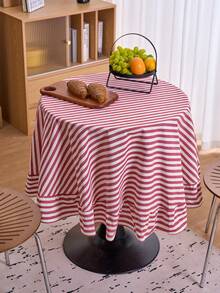 1pc Striped Ruffle Edge Small Round Tablecloth, American Vintage Kitchen Decor With Ruffle Edge, Round Living Room Decorative Cloth, Valentine's Day Tablecloth - Red - View 8