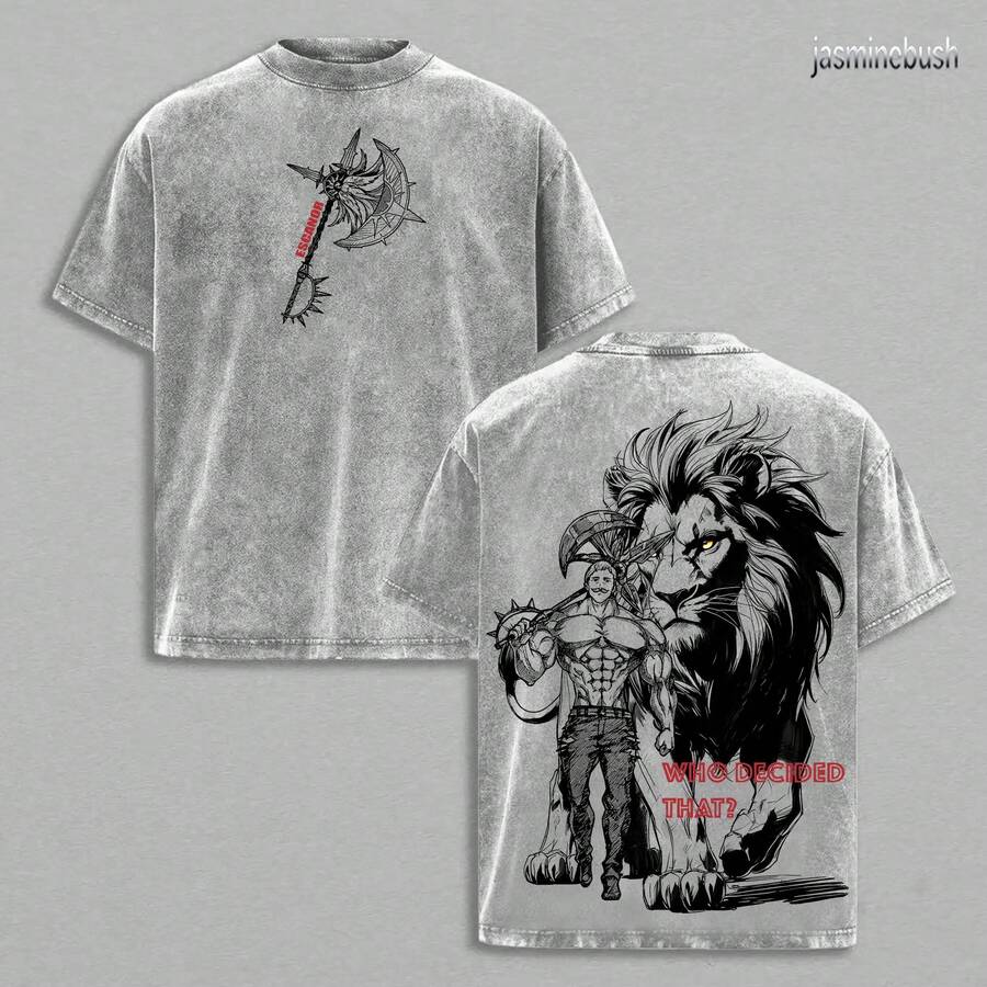 Seven Deadly Sins Escanor Oversized Tee - "Who Decided That" Pride Sin Retro Graphic Heavy Cotton Unisex Anime Streetwear Gift For Fans - Gray 2 - View 1