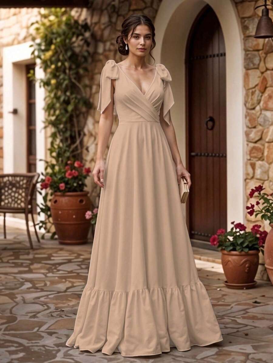 Vestido Largo Escote en V Espalda Descubierta para Mujer - Caqui - Ver 1