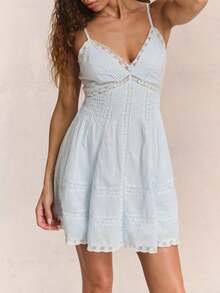 WomenSpring Cute Mini Dress Stylish Mesh Lace Smocked Back V Neck Spaghetti Strap A Line Dress For Summer Going Out , Elegant French Style Beach Holiday,Party, Music Festival, Valentine's Day, Date Casual Pretty Mini Dress - 藍色 - 查看 3