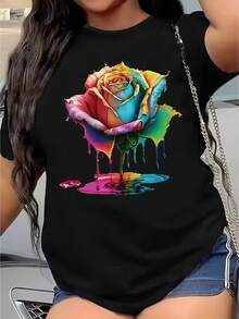 Women's Short Sleeve Cotton T-Shirt - Vibrant Orange Geometric Print, Breathable Stretch Fabric, Round Neck, Machine Washable For Spring/Summer, Ladies T-Shirts, Everyday Comfort, Artistic Rose Design, Non-See-Through Material. - 黑色 - 查看 2