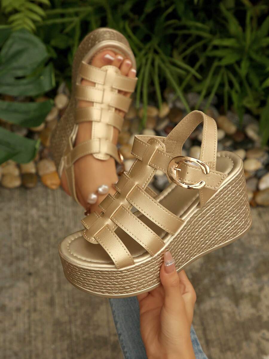Women's Platform Thick Strap Sandals, Dark Fashionable,Gladiator Sandals,Summer Sandals - Gold - View 1