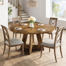 Mesa de Comedor Redonda 47 Pulgadas para 4-6 Personas, Mesa de Cocina Estilo Granja con Base de Pedestal Cruzado, Estable y Antideslizante, Color Negro - Marrón - Ver 4