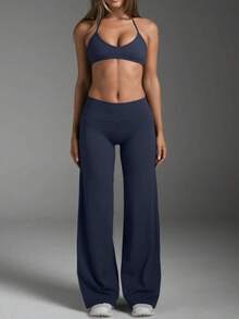 1 Pair Women's Solid Color Loose Yoga Wide Leg Pants, Comfortable Fitted Versatile, Suitable For Running, Fitness And Yoga Spring - Navy Blue - View 9