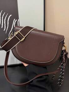 ZA New Autumn Women's Burgundy Saddle Bag, Contrast Stitching Design, Top Handle One Shoulder Crossbody Flap Rigid Bag - Coffee - View 8