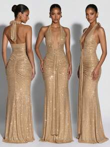 Party Dress: Women's Halterneck Pleated Dress With Deep V Neck & Backless Design For Evening - Màu Khaki - Xem 6