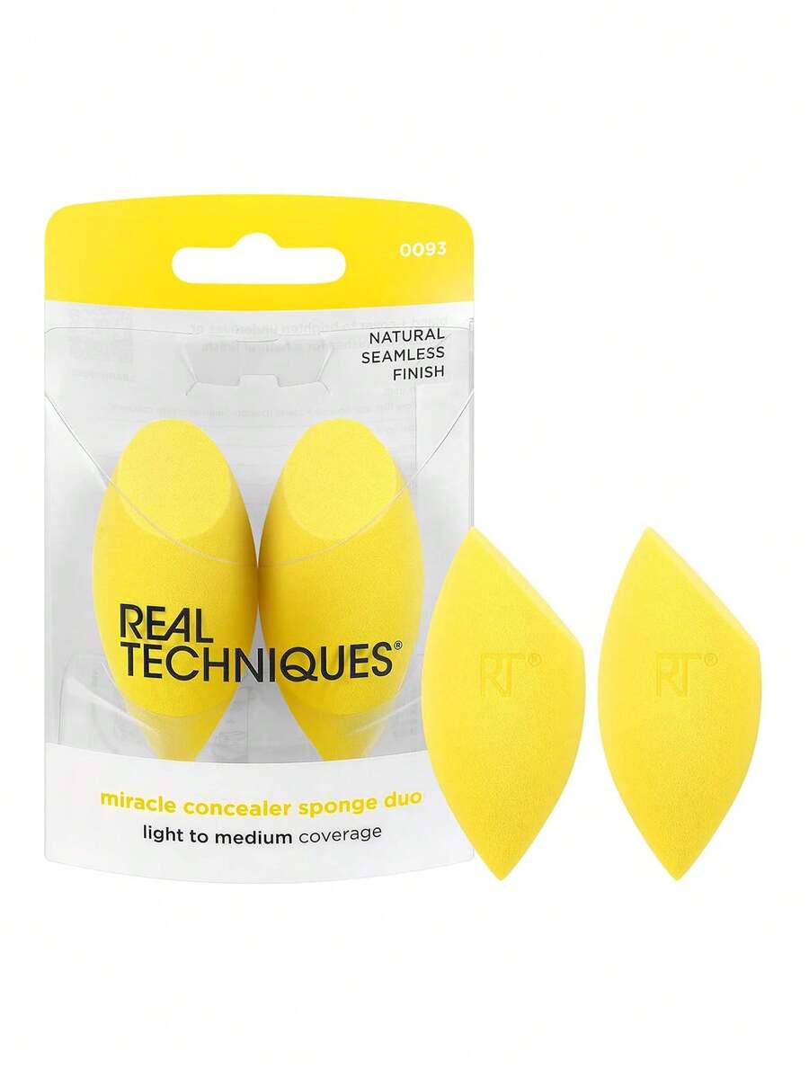 Esponja Miracle Concealer de Real Techniques, esponja para mezclar maquillaje para corrector líquido y en crema, forma alargada para una aplicación precisa debajo de los ojos y áreas pequeñas, color amarillo, espuma sin látex, paquete de 2 unidades - Amarillo - Ver 1