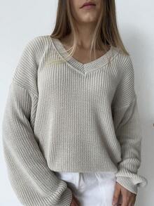 Knitted Blouse Sweater V Neck Knitting Fang Point Puff Sleeve Winter - Cát - Xem 4