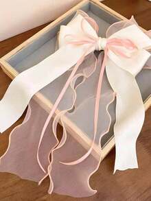 1pc Oversized Pink & White Elegant Long Tail Bow Hair Clip, French Ribbon Hair Accessory, Double-Layer Thick Ribbon Big Bow Hair Clip, Gift For Valentine's Day, Mother's Day, Birthday,Travel,Party - Multicolor - View 4