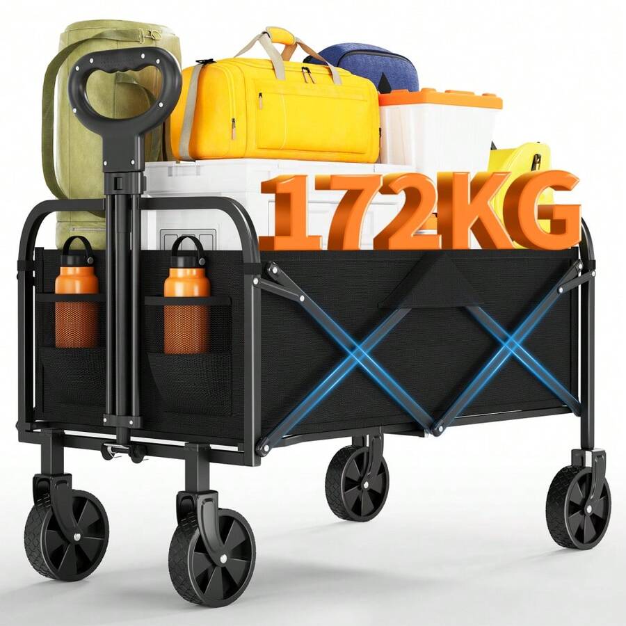Carro de exterior plegable de gran capacidad – Resistente, 220L/380 lbs, estructura de acero robusta, tela Oxford 600D, ruedas de PVC para todo terreno de 5", mango ajustable, carrito utilitario portátil y plegable para camping, playa, jardín, picnic, compras y autocaravana (RV). - Rueda de 5 pulgadas, tela Oxford 600D + tubo cuadrado - Ver 1