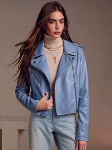 Women's Minimalist Versatile Faux Leather Short Motorcycle Jacket, Suitable For Spring And Autumn - 淺藍色 - 查看 4