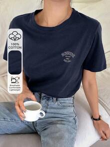 Camiseta De Manga Corta Con Letras Impresas - Azul marino - Ver 6