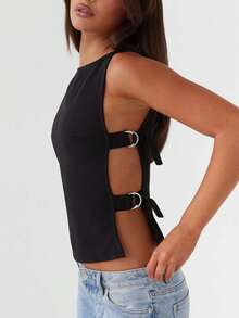 Women's Summer Tank Tops Solid Color Sleeveless Boat Neck Side Buckle Slim Fit Vest - 黑色 - 查看 2