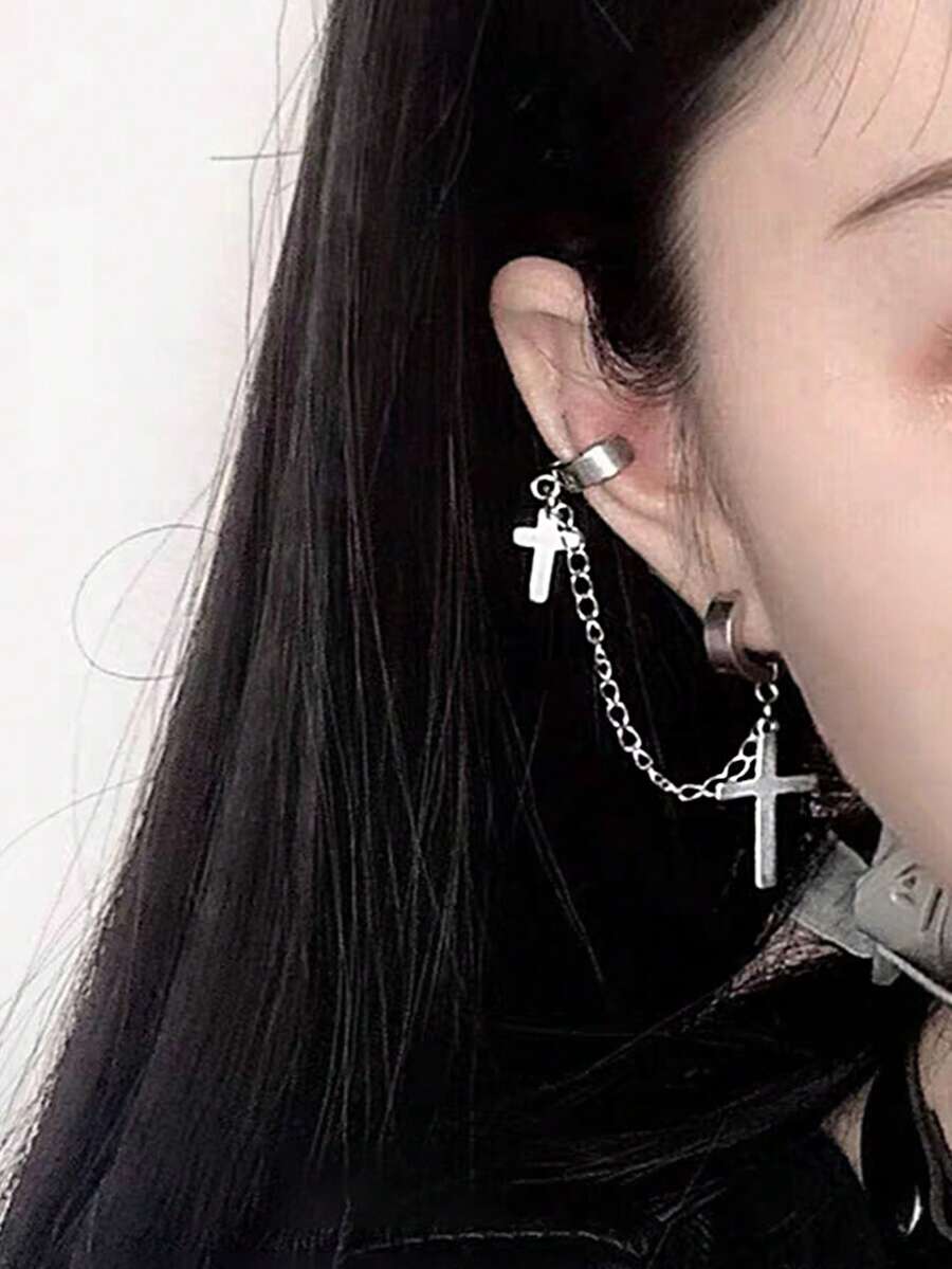 1pc Punk Rock Black Titanium Steel Cross Ear Cuff Earring - Silver - View 1