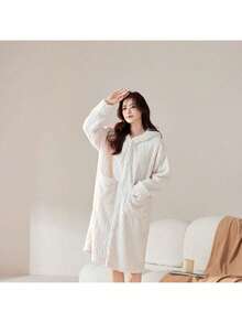 1 chiếc áo choàng tắm dài kiểu kimono dành cho nữ, thấm hút tốt, nhanh khô, dày dặn, có mũ trùm đầu, mềm mại, thích hợp mặc ở nhà vào mùa thu/đông. - Nhiều màu - Xem 4