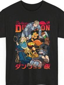 100% Cotton Anime T-Shirt For Women And Men Anime Laios Touden Dungeon Meshi Black T Shirt #   4 Couple Outfits, Parent-Child Outfits, Family Outfits, Family Gatherings, Party Outfits, Outdoor Activities, Suitable For Both Men And Women - 黑色 - 查看 1