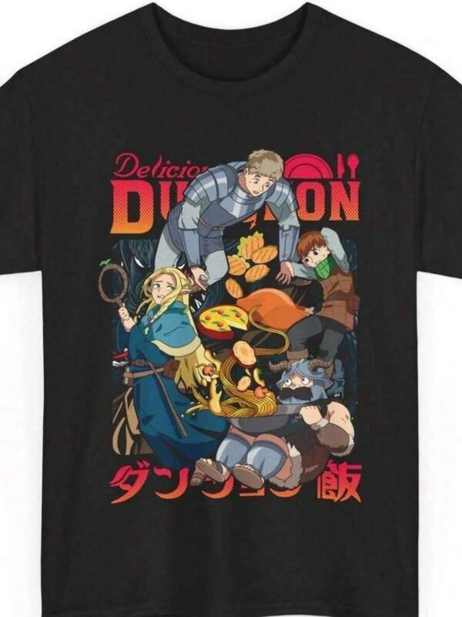 100% Cotton Anime T-Shirt For Women And Men Anime Laios Touden Dungeon Meshi Black T Shirt #   4 Couple Outfits, Parent-Child Outfits, Family Outfits, Family Gatherings, Party Outfits, Outdoor Activities, Suitable For Both Men And Women - 黑色 - 查看 1