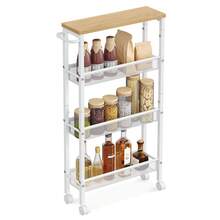 VASAGLE Slim Rolling Cart, 4-Tier Narrow Storage Cart With Handle, 5.1 Inches Deep, Metal Frame, For Kitchen, Dining Room, Living Room, Home Office - 橡木米+經典白 - 查看 2
