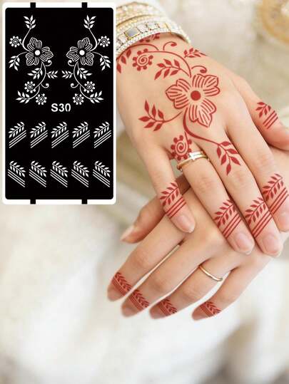 Hana Hand-Drawn Hollow Floral Tattoo Stencil - Sexy Floral Pattern, Suitable For Hands, DIY Painting, Ink, Reusable Mandala Design Template Stickers, Suitable For Women Body Party Makeup