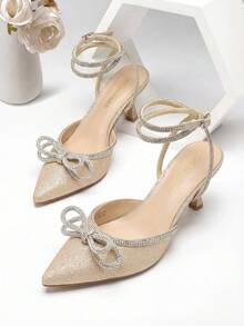 Kitten Heels Rhinestone Bow Ankle Strap Stiletto Pointed Closed Toe Heels For Women Pumps Wedding Bridal Party Dress Shoes - 金色 - 查看 1