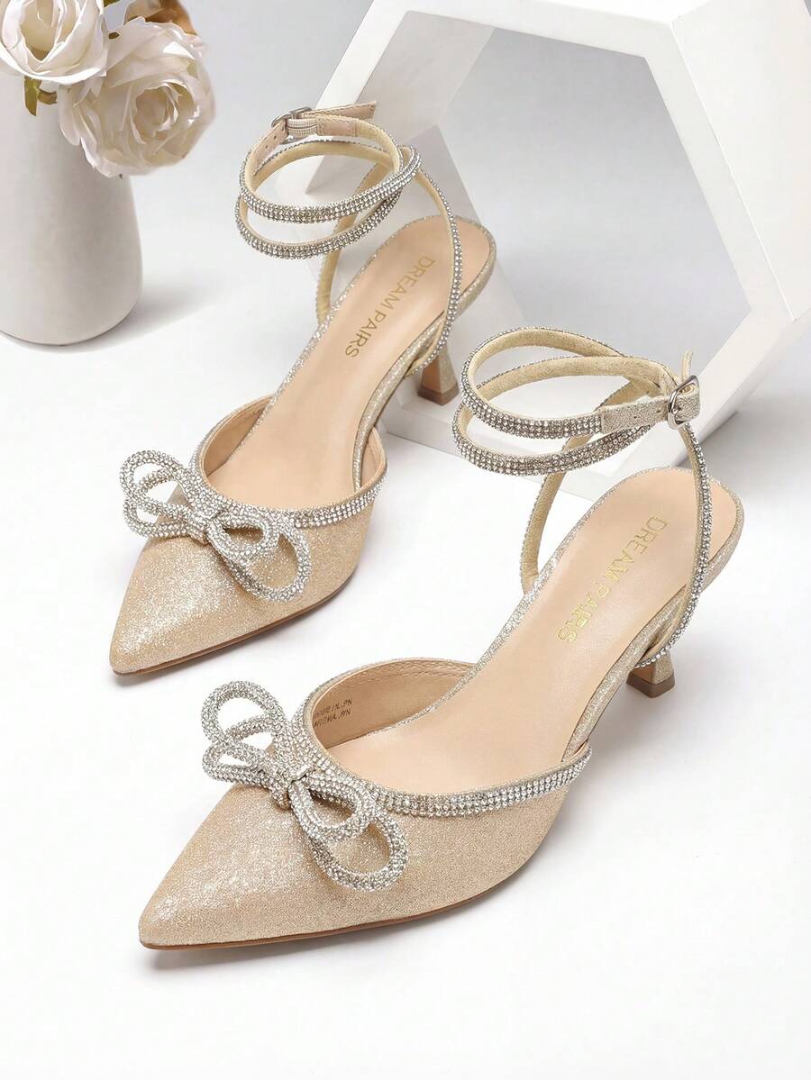 Kitten Heels Rhinestone Bow Ankle Strap Stiletto Pointed Closed Toe Heels For Women Pumps Wedding Bridal Party Dress Shoes - 金色 - 查看 1