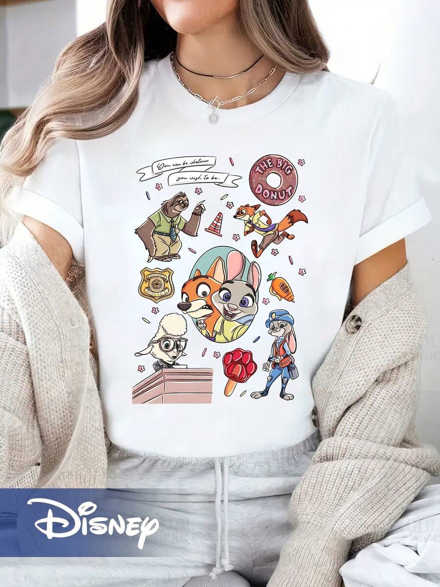 Disney Zootopia Characters Comfortable Round Neck Short Sleeve T-Shirt - White - View 1