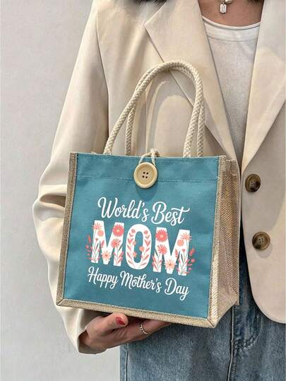 "World'S Best Mom" Floral Tote Bag, Happy Mother'S Day Pink Canvas Tote With Rope Handles, Reusable Gift Bag For Mom, Grandma, And Mother Figures, Lightweight Shopping Bag, Portable Commuter Bag, Travel Toiletries Bag For Makeup, Compact Size Perfect For Carrying Cosmetics
