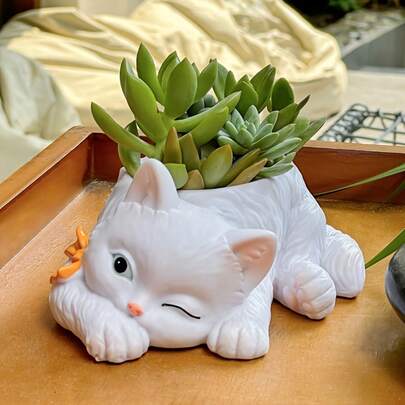 1pc Cartoon Sleeping Cat Planter, Resin Material, Home Living Room Desk Entrance Decor, Creative Household Outdoor Garden Succulent Plant Pot